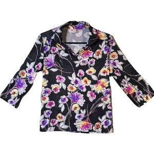Vintage Haband Women Size M Pullover 3/4 Sleeve V-Neck Top Lavender Floral Print
